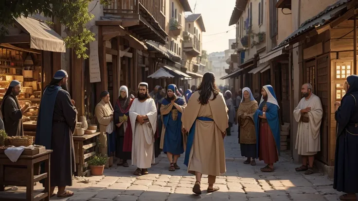 "A bustling marketplace in a first-century village, where people gather around a well-known healer and teacher. In the background, the silhouette of an ancient synagogue is visible, marking the setting of Jesus teachings. The atmosphere is charged with ant...