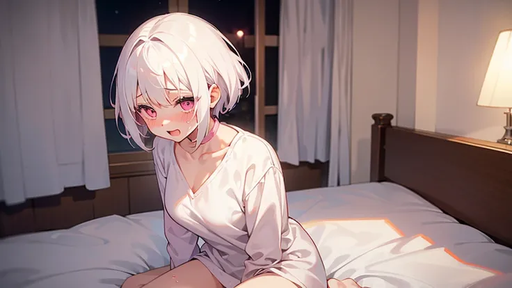 White Hair Girl、Pink Eyes、Short Hair、Only one girl、Night、In the bedroom、Blushing、laughing、Excited、Just One、Sitting on the bed、Wearing only underwear、Sweating、nsfw