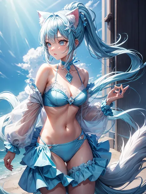 Light blue long pony tail girl diamond eyes diamond cat ears 2 diamond cat tails wearing diamond bikini