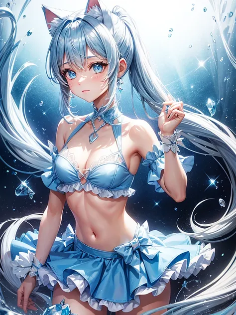 Light blue long pony tail girl diamond eyes diamond cat ears 2 diamond cat tails wearing diamond bikini