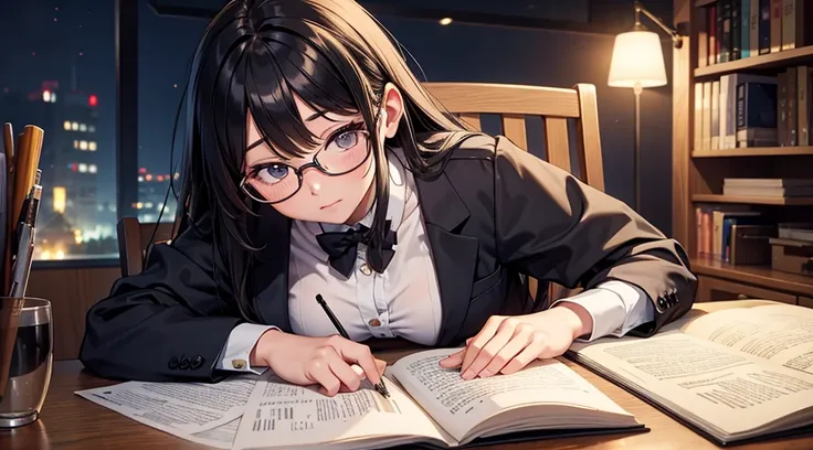 Falling asleep face down while studying at night、A cute girl wearing glasses that accentuate her breasts a little