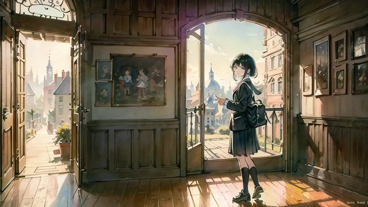 Ultra High Quality, masterpiece, high resolution, accurate anatomy, accurately describe a person, Beautiful illustration, 2 high school girls, cute face, happy, black hair, Historic buildings, quaint school buildings, full body standing, beautiful movie, 