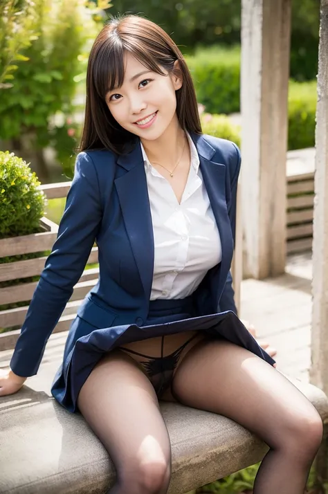 Pure Japanese office girl, outstanding body, beautiful legs, wearing business suits, lift up skirt, spread wide legs, shiny pantyhose, natural hairstyles, sweet smile, sitting, refreshing in early summer, composition from the front, 