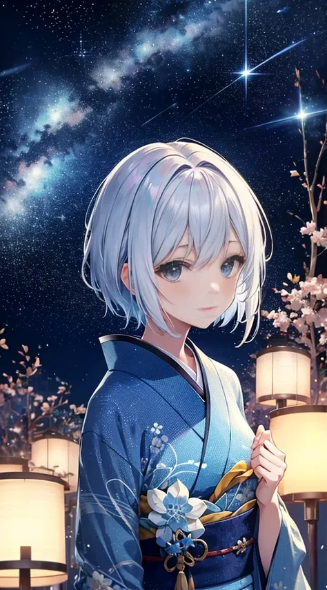 Short-haired woman with silver hair。Im wearing a blue kimono。Fireflies are flying。Im in the starry sky。The starry sky is colorful and shining。It is an anime-style illustration。Beautiful with the best image quality。Fantastical。