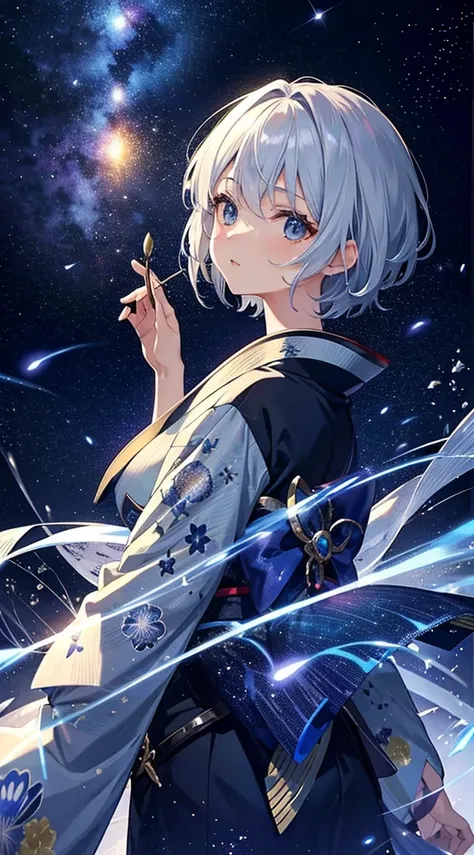 Short-haired woman with silver hair。Im wearing a blue kimono。Fireflies are flying。Im in the starry sky。The starry sky is colorful and shining。It is an anime-style illustration。Beautiful with the best image quality。Fantastical。