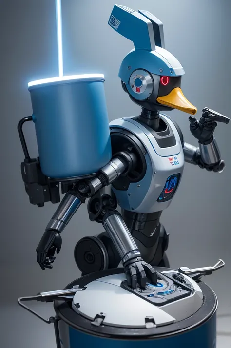 A duck with robotic prosthesis with light blue neon details and a light gray bionic armor made with titanium, on the back of the duck there is a machine gun that is shooting scissors, the duck has a red visor and in his hand he has neon blue scissors that ...