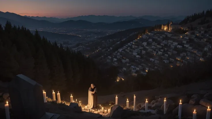 "A somber village scene at dusk, where mourners gather around a tomb carved into a hillside. Candles flicker in the gathering darkness, casting soft light on the grief-stricken faces of those mourning Lazarus. In the distance, a figure stands with outstret...