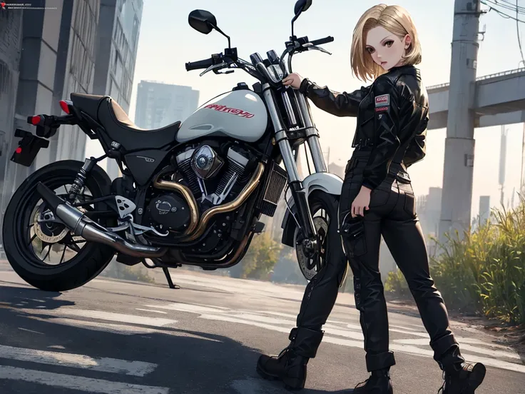 Motorcycle, Android１８Number, (masterpiece), highest quality, 1girl, uhd, retina, masterpiece, ccurate, anatomically correct, textured skin, super detail, high details, high quality, best quality, highres, 4K