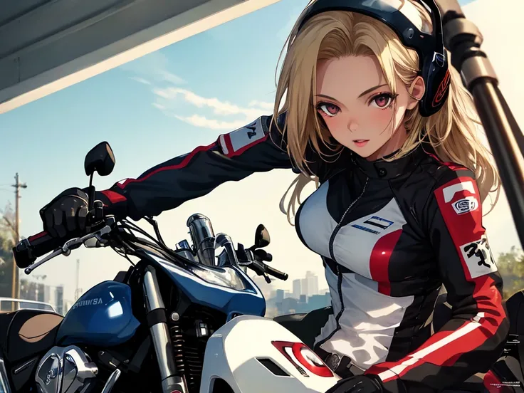 Motorcycle, Android１８Number, (masterpiece), highest quality, 1girl, uhd, retina, masterpiece, ccurate, anatomically correct, textured skin, super detail, high details, high quality, best quality, highres, 4K