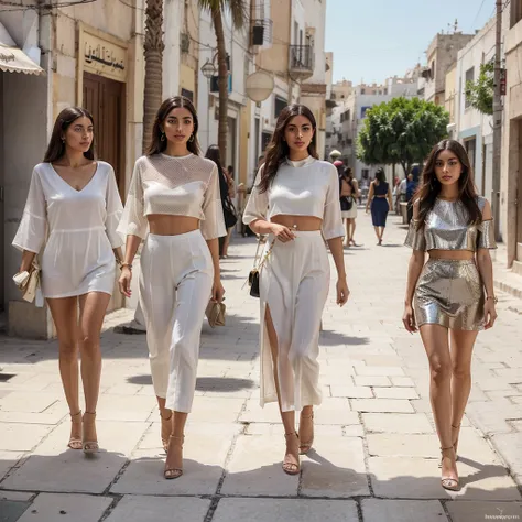 Generate a realistic photo and profile picture of a fashion model and Instagram influencer from the Maghreb, dressed in an elegant yet chic and relaxed outfit suitable for hot weather. She is walking through the vibrant streets of Algiers. The woman has a ...