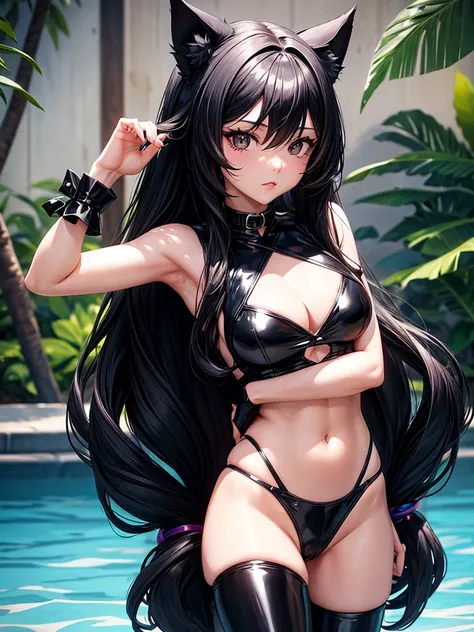 Black long hair girl black eyes black cat ears black cat tail wearing black latex swimsuit