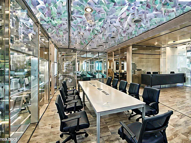 Modern style meeting room design, daylight, ceramic tile floor, WHITE WALLS, corrugated plastic walls, 1 glass wall frame 1.8, glass wall 1.2, 1 meeting table with 12 chairs, flowers on the table, flat white painted ceiling 1.2 , 2 1.8 LED rail lights, 1 t...