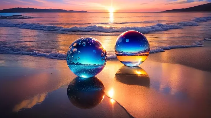 arafed image of a Glass beads on a beach at sunset, Ocean Specular, Glass-like reflection, 4 0 9 6, todayFeatured Photos in 4k, next to the reflecting ocean, Glass beads, Amazing reflection of the sky, Spherical lens, Glass sphere, Breathtaking shots, Clea...