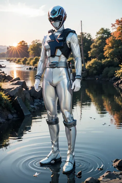 The sunset flies with the lonely geese in the distance, and the autumn river water and the vast sky are connected, icons,1boy, white, full body, Illustration, cinematic light, high resolution, best quality, ultra detailed, masterpiece, power suit, powerran...