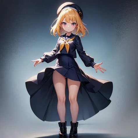 (Sailor suit),(((Navy Mini Skirt))),Revealing clothing,beret,,Cute little ,Tiny ,Small girl,,Childish face, Very fine clean face,Top quality, Big eyes,Straight Hair,Yellow hair,Crimson Eye,(Dark Room), Subtle light, Natural light,Soft lighting,Light from d...