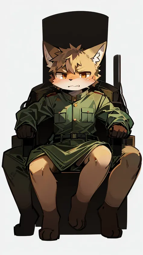 One light yellow cat, furry, kemono, military clothing, drunk, using brown ushanka, brown eyes, angry, fullbody, sitting, ears hiding by ushanka, white background, pale colors, detailed lineart, flat colors, cute, concept