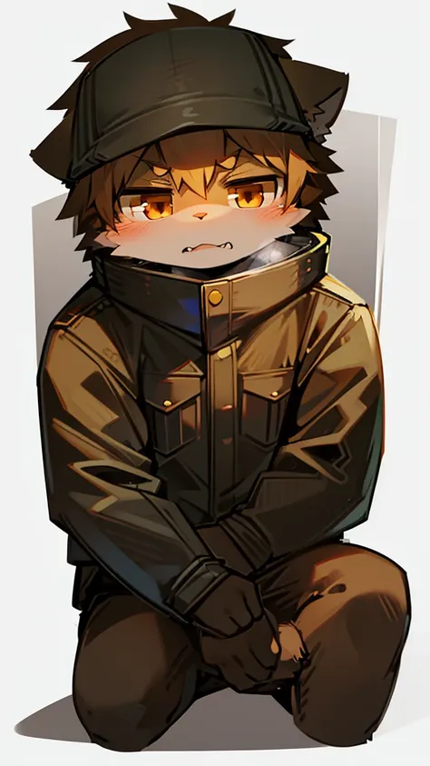 One light yellow cat, furry, kemono, military clothing, drunk, using brown ushanka, brown eyes, angry, fullbody, sitting, ears hiding by ushanka, white background, pale colors, detailed lineart, flat colors, cute, concept