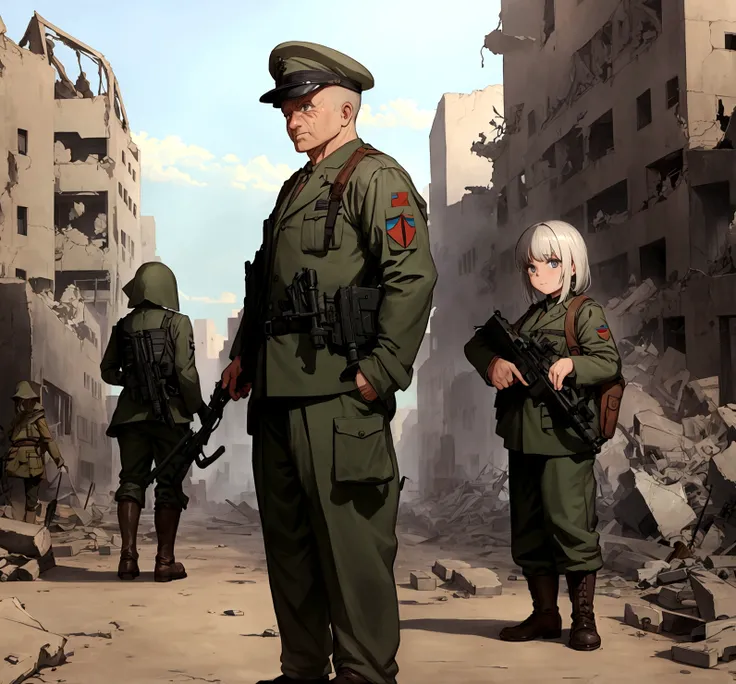 both standing in a destroyed town 1942 with background soldiers