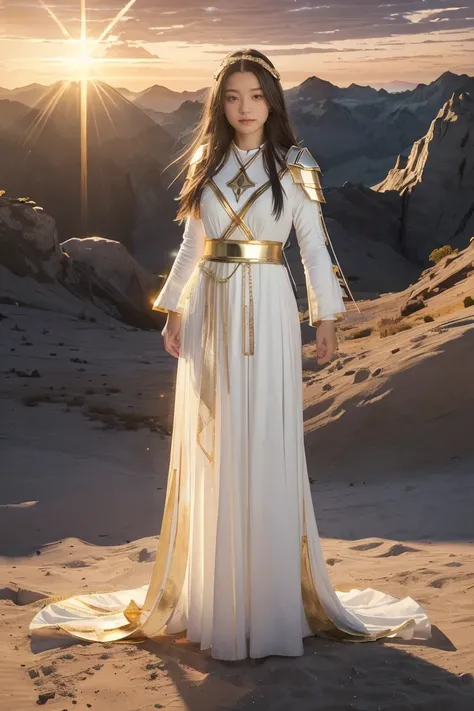 ((masterpiece, best quality, extremely detailed), volumetric lighting, ambient occlusion, colorful, glowing), 1girl, solo, young girl, (dark hair), long hair, halo, aura, sacred, goddess, cleric suit, (white outfit with gold detailst:1.3), armor, outdoors,...