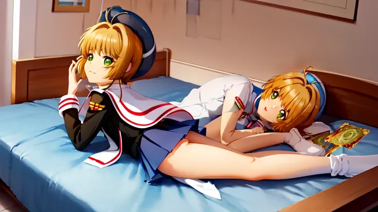 (masterpiece, best quality: 1.2),(very detailed face, real image, realistic skin, realistic body, intricate details)a woman laying on top of a bed next to a man, shipgirls, full image, cardcaptor sakura, gape, military art, inspired by Dong Kingman, painti...