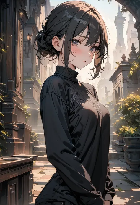 she wears a fitted t-shirt The t-shirt should have long sleeves and a mock neck, (masterpiece, best quality, 8K:1.3), (ultra-detailed, high resolution:1.2),(illustration),((an extremely delicate and beautiful)),(detailed background),