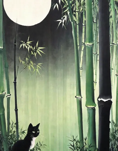 highest quality,masterpiece, high resolution, super long shot,mountain水画,whity,moon,beautiful nature,mountain,black kitten,river...