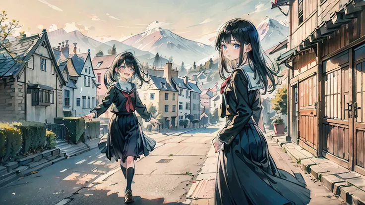 Ultra High Quality, masterpiece, high resolution, accurate anatomy, accurately describe a person, Beautiful illustration, 2 high school girls, cute face, happy, black hair, Historic buildings, quaint school buildings, beautiful movie, 