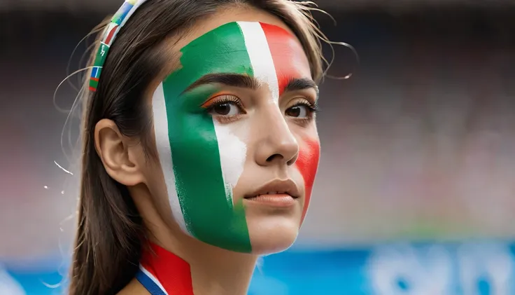 a woman watches the 2024 Olympic games, her face side view and painted in the colors of the italian flag