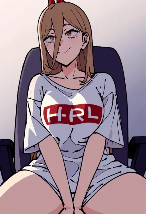 woman wearing an oversized shirt that reaches her thighs, with the text "H a r l" written on the shirt,happy with a bold expression, sitting on a chair gamer, detailed face and eyes, 8k, best quality.