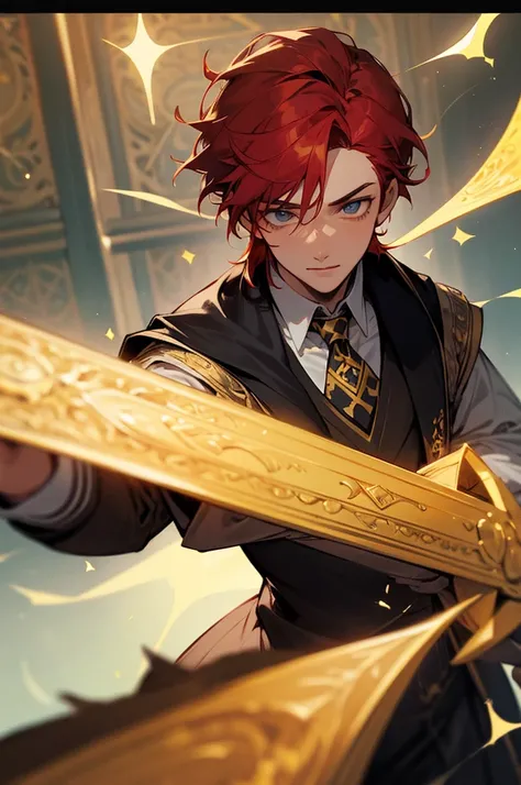 Handsome, magical young man from Hogwarts School of Magic, red hair, lives in Hufflepuff House. 