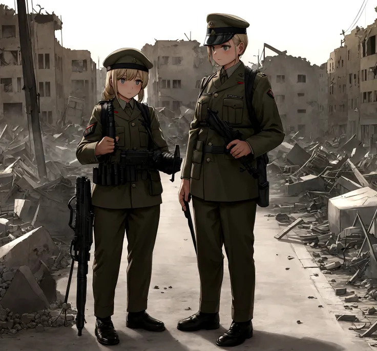 both standing in a destroyed town 1942 with background soldiers