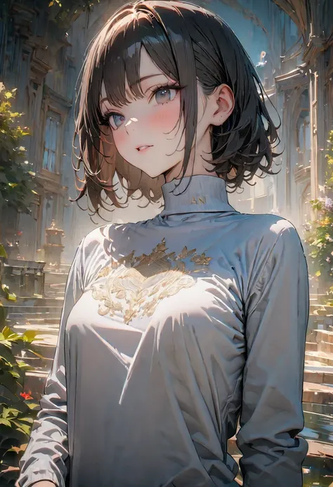 ((she wears (a fitted t-shirt The t-shirt should have long sleeves and a mock neck)$, (masterpiece, best quality, 8K:1.3), (ultra-detailed, high resolution:1.2),(illustration),((an extremely delicate and beautiful)),(detailed background),