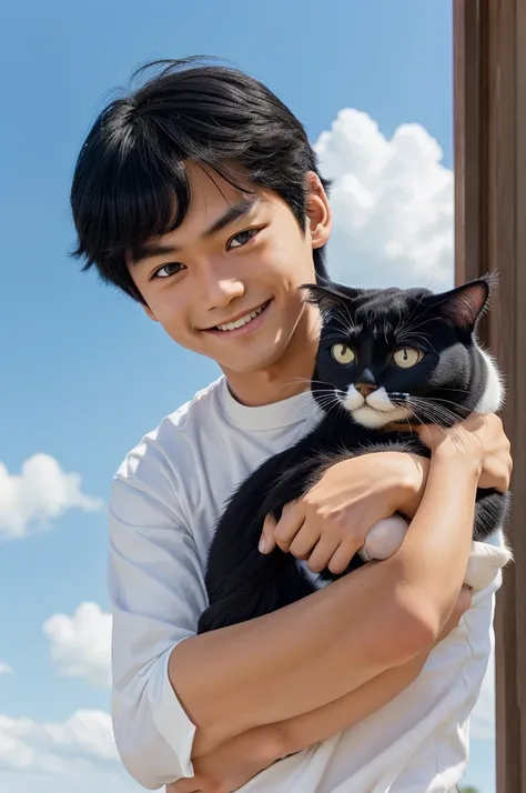 (a boy, smiles face,black hair,brown large eyes,blue sky background,a cat in his arms,Osamu Tezuka,high resolution,best quality,ultra 8k quality)