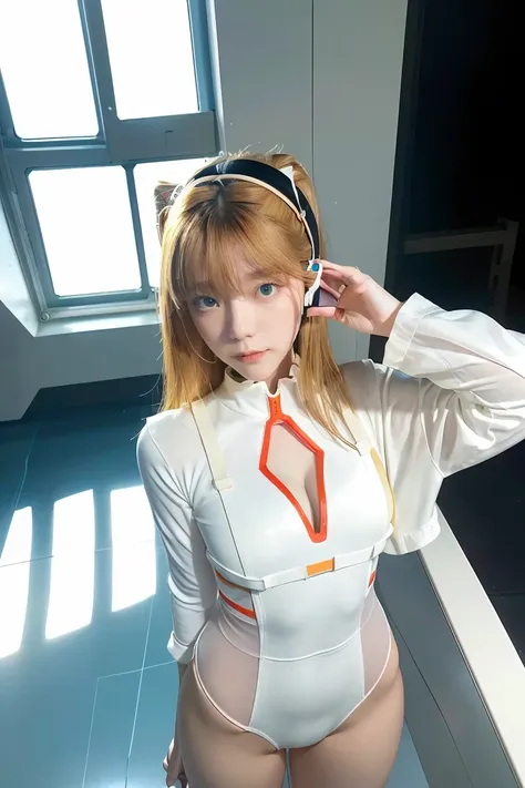 (Overhead view),dynamic angle,ultra-detailed, illustration, close-up, straight on, 1girl, 
 ((souryuu asuka langley, interface headset, red bodysuit:1.4, blonde)),Her eyes shone like dreamy stars,(glowing eyes:1.233),(beautiful and detailed eyes:1.1),(expr...