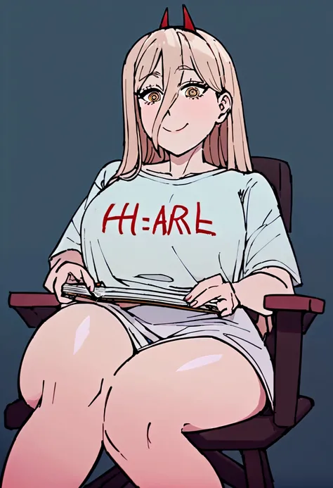 woman wearing an oversized shirt that reaches her thighs, with the text "H a r l" written on the shirt,happy with a bold expression, sitting on a chair gamer, playing from notebook , detailed face and eyes, 8k, best quality.