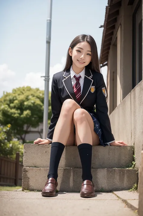 Pure Japanese school girl, sexual attractive, sweet temptation, outstanding body, beautiful legs, wearing uniform, black color high socks, loafers, panty, natural long hair, sweet smile, sitting, refreshing in early summer, professional portrait photograph...