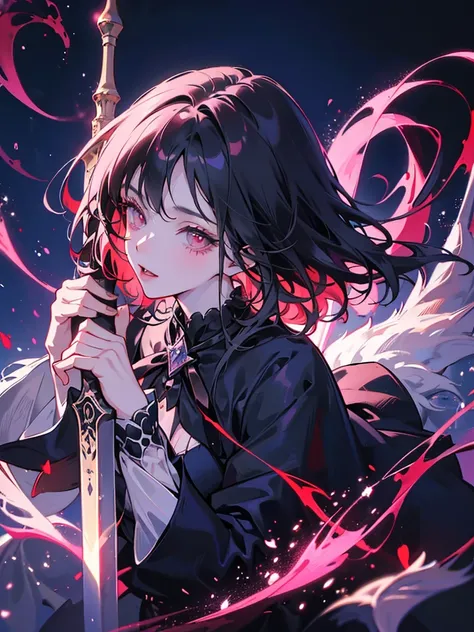 Create an anime artwork featuring a fierce gothic maiden anime girl wielding a sword in a vibrant city at night. The artwork should be in epic anime style with ultra-high definition (8K) resolution. Incorporate 2.5D CGI for a dynamic feel and anime fantasy...