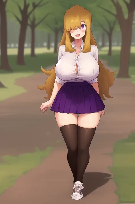 ((Best Quality)), ((Masterpiece)), (detailed), 1 girl, white button-down t-shirt, purple skirt, high brown stockings, black high-heeled sneakers, Pastel yellow hair, long hair, hair covers one eye, purple eyes, tight, big breasts, big thighs, expression sm...