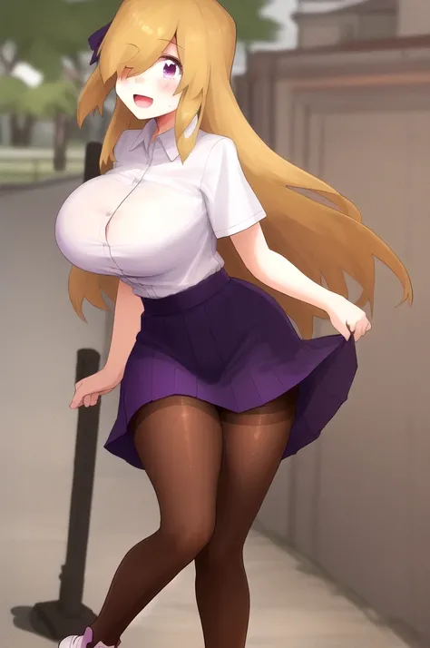 ((Best Quality)), ((Masterpiece)), (detailed), 1 girl, white button-down t-shirt, purple skirt, high brown stockings, black high-heeled sneakers, Pastel yellow hair, long hair, hair covers one eye, purple eyes, tight, big breasts, big thighs, expression sm...