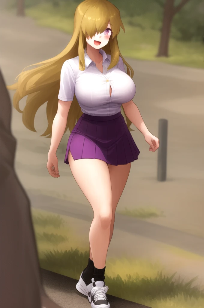 ((Best Quality)), ((Masterpiece)), (detailed), 1 girl, white button-down t-shirt, purple skirt, high brown stockings, black high-heeled sneakers, Pastel yellow hair, long hair, hair covers one eye, purple eyes, tight, big breasts, big thighs, expression sm...