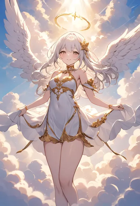 masterpiece, very high quality,angel, light, (cloud:1.3), fly in the sky, white angel wings, hello l, lilia,  gold coloring