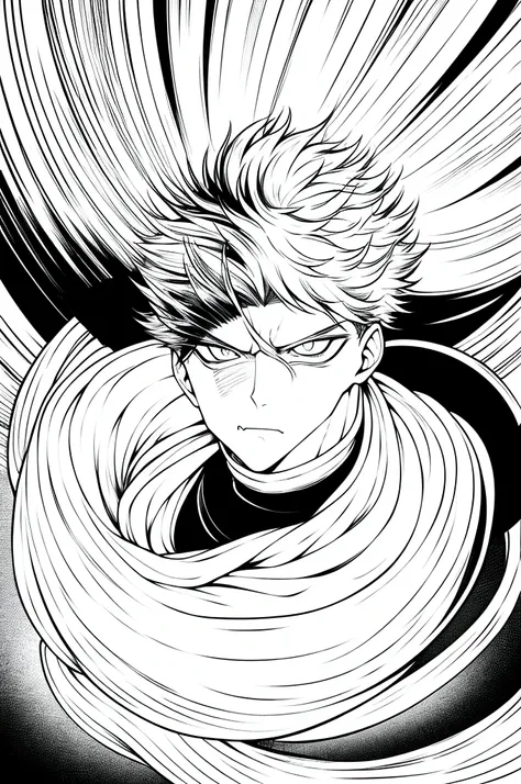 gege akutami manga art style, cool shading, sharp lineart, badass pose, white fluffy messy hair, boy, black and white, staring at viewer, messy clothing, male, scarf over mouth, itadori yuji, evil stare, boy, male, jujutsu kaisen, no background, white back...