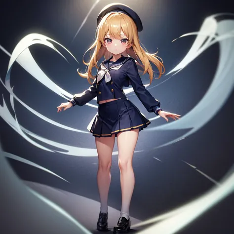 (Sailor suit),(((Navy Mini Skirt))),(Revealing clothing),beret,,Cute little ,Tiny ,Small girl,,Childish face, Very fine clean face,Top quality, Big eyes,Straight Hair,Yellow hair,Crimson Eye,(Dark Room), Subtle light, Natural light,Soft lighting,Light from...