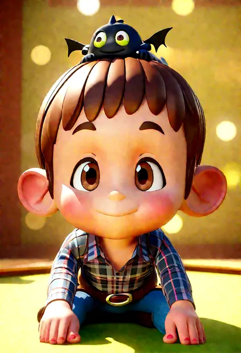 Cartoon character of a baby under 1 year old, eyes browns, chestnut hair, toothless smile, hair a little curled on top of the head, black plaid shirt, jeans, belt with buckle and brown boots.  an animated character, stylized character, animation style rend...