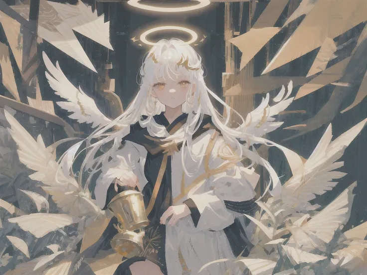 masterpiece, best quality, ultra-detailed, illustration, close-up, straight on, face focus, 1girl, white hair, golden eyes, long hair, halo, angel wings, serene expression, looking at viewer