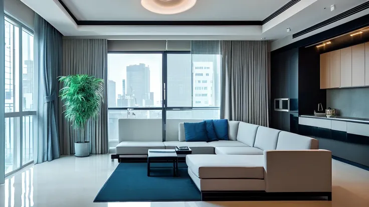 Describe Tokyos cityscape at night, focusing on a high-rise residential building with a bed-room, a modern interior design, and attention to detail. The room features: - A white wall paper - Concrete floor - A blue cushion - A deep blue sofa - White curtai...