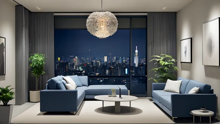 Describe Tokyos cityscape at night, focusing on a high-rise residential building with a bed-room, a modern interior design, and attention to detail. The room features: - A white wall paper - Concrete floor - A blue cushion - A deep blue sofa - White curtai...