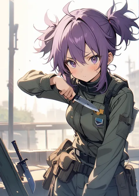 1girl, messy hair, purple hair, spiky hair, short twintails, ジト目、リトルガール, combat Knife