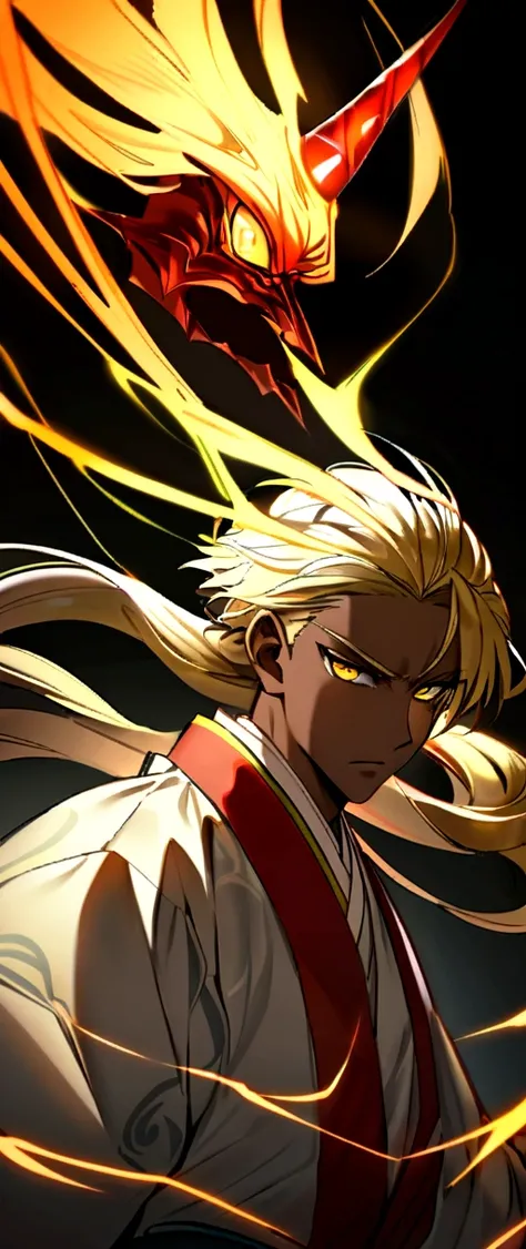 Beautiful young man with blond hair and dark skin, 27 years old, Yellow Eyes, A single red horn grows from the right side of its head.., Wearing traditional Korean clothing, Waist-length flowing hair.Fight enemies with magic.A tense look.