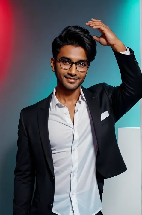 A young Indian men with dark hair and a confident smile he is dress a  black blazer over a white shirt and glasses on eyes . A man is positioned against aqua colour backdrop with a subtie red lighting of the rate site and posing for linkedin profile